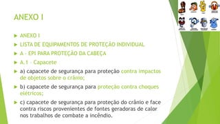 ANEXO I
 ANEXO I
 LISTA DE EQUIPAMENTOS DE PROTEÇÃO INDIVIDUAL
 A - EPI PARA PROTEÇÃO DA CABEÇA
 A.1 – Capacete
 a) capacete de segurança para proteção contra impactos
de objetos sobre o crânio;
 b) capacete de segurança para proteção contra choques
elétricos;
 c) capacete de segurança para proteção do crânio e face
contra riscos provenientes de fontes geradoras de calor
nos trabalhos de combate a incêndio.
 