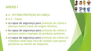 ANEXO I
 A - EPI PARA PROTEÇÃO DA CABEÇA
 A.2 – Capuz
 a) capuz de segurança para proteção do crânio e
pescoço contra riscos de origem térmica;
 b) capuz de segurança para proteção do crânio e
pescoço contra respingos de produtos químicos;
 c) capuz de segurança para proteção do crânio em
trabalhos onde haja risco de contato com partes
giratórias ou móveis de máquinas.
 