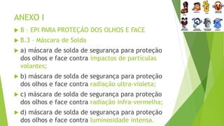 ANEXO I
 B – EPI PARA PROTEÇÃO DOS OLHOS E FACE
 B.3 – Máscara de Solda
 a) máscara de solda de segurança para proteção
dos olhos e face contra impactos de partículas
volantes;
 b) máscara de solda de segurança para proteção
dos olhos e face contra radiação ultra-violeta;
 c) máscara de solda de segurança para proteção
dos olhos e face contra radiação infra-vermelha;
 d) máscara de solda de segurança para proteção
dos olhos e face contra luminosidade intensa.
 