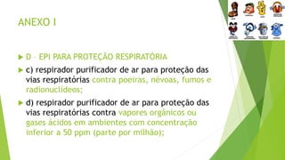 ANEXO I
 D – EPI PARA PROTEÇÃO RESPIRATÓRIA
 c) respirador purificador de ar para proteção das
vias respiratórias contra poeiras, névoas, fumos e
radionuclídeos;
 d) respirador purificador de ar para proteção das
vias respiratórias contra vapores orgânicos ou
gases ácidos em ambientes com concentração
inferior a 50 ppm (parte por milhão);
 
