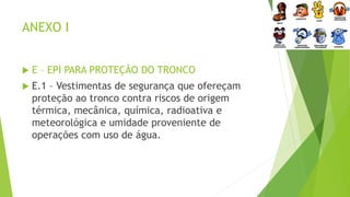 ANEXO I
 E – EPI PARA PROTEÇÃO DO TRONCO
 E.1 – Vestimentas de segurança que ofereçam
proteção ao tronco contra riscos de origem
térmica, mecânica, química, radioativa e
meteorológica e umidade proveniente de
operações com uso de água.
 