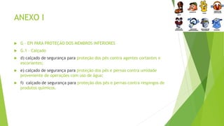 ANEXO I
 G – EPI PARA PROTEÇÃO DOS MEMBROS INFERIORES
 G.1 – Calçado
 d) calçado de segurança para proteção dos pés contra agentes cortantes e
escoriantes;
 e) calçado de segurança para proteção dos pés e pernas contra umidade
proveniente de operações com uso de água;
 f) calçado de segurança para proteção dos pés e pernas contra respingos de
produtos químicos.
 