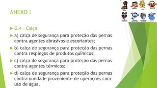 ANEXO I
 G.4 – Calça
 a) calça de segurança para proteção das pernas
contra agentes abrasivos e escoriantes;
 b) calça de segurança para proteção das pernas
contra respingos de produtos químicos;
 c) calça de segurança para proteção das pernas
contra agentes térmicos;
 d) calça de segurança para proteção das pernas
contra umidade proveniente de operações com
uso de água.
 