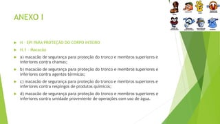 ANEXO I
 H – EPI PARA PROTEÇÃO DO CORPO INTEIRO
 H.1 – Macacão
 a) macacão de segurança para proteção do tronco e membros superiores e
inferiores contra chamas;
 b) macacão de segurança para proteção do tronco e membros superiores e
inferiores contra agentes térmicos;
 c) macacão de segurança para proteção do tronco e membros superiores e
inferiores contra respingos de produtos químicos;
 d) macacão de segurança para proteção do tronco e membros superiores e
inferiores contra umidade proveniente de operações com uso de água.
 