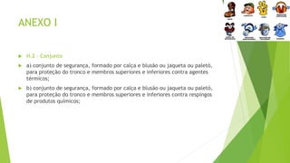 ANEXO I
 H.2 – Conjunto
 a) conjunto de segurança, formado por calça e blusão ou jaqueta ou paletó,
para proteção do tronco e membros superiores e inferiores contra agentes
térmicos;
 b) conjunto de segurança, formado por calça e blusão ou jaqueta ou paletó,
para proteção do tronco e membros superiores e inferiores contra respingos
de produtos químicos;
 