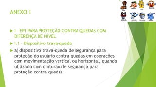 ANEXO I
 I – EPI PARA PROTEÇÃO CONTRA QUEDAS COM
DIFERENÇA DE NÍVEL
 I.1 – Dispositivo trava-queda
 a) dispositivo trava-queda de segurança para
proteção do usuário contra quedas em operações
com movimentação vertical ou horizontal, quando
utilizado com cinturão de segurança para
proteção contra quedas.
 