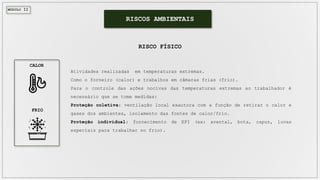 MÓDULO II
Atividades realizadas em temperaturas extremas.
Como o forneiro (calor) e trabalhos em câmaras frias (frio).
Para o controle das ações nocivas das temperaturas extremas ao trabalhador é
necessário que se tome medidas:
Proteção coletiva: ventilação local exautora com a função de retirar o calor e
gases dos ambientes, isolamento das fontes de calor/frio.
Proteção individual: fornecimento de EPI (ex: avental, bota, capuz, luvas
especiais para trabalhar no frio).
RISCOS AMBIENTAIS
RISCO FÍSICO
CALOR
FRIO
 
