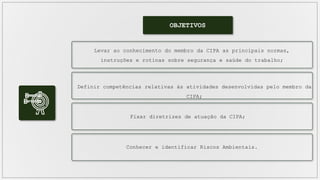 OBJETIVOS
Levar ao conhecimento do membro da CIPA as principais normas,
instruções e rotinas sobre segurança e saúde do trabalho;
Definir competências relativas às atividades desenvolvidas pelo membro da
CIPA;
Fixar diretrizes de atuação da CIPA;
Conhecer e identificar Riscos Ambientais.
 