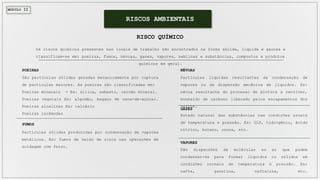 MÓDULO II
RISCOS AMBIENTAIS
RISCO QUÍMICO
Os riscos químicos presentes nos locais de trabalho são encontrados na forma sólida, líquida e gasosa e
classificam-se em: poeiras, fumos, névoas, gases, vapores, neblinas e substâncias, compostos e produtos
químicos em geral.
São partículas sólidas geradas mecanicamente por ruptura
de partículas maiores. As poeiras são classificadas em:
Poeiras minerais - Ex: sílica, asbesto, carvão mineral.
Poeiras vegetais Ex: algodão, bagaço de cana-de-açúcar.
Poeiras alcalinas Ex: calcário
Poeiras incômodas
Partículas sólidas produzidas por condensação de vapores
metálicos. Ex: fumos de óxido de zinco nas operações de
soldagem com ferro.
Partículas líquidas resultantes da condensação de
vapores ou da dispersão mecânica de líquidos. Ex:
névoa resultante do processo de pintura a revólver,
monóxido de carbono liberado pelos escapamentos dos
carros.
Estado natural das substâncias nas condições usuais
de temperatura e pressão. Ex: GLP, hidrogênio, ácido
nítrico, butano, ozona, etc.
São dispersões de moléculas no ar que podem
condensar-se para formar líquidos ou sólidos em
condições normais de temperatura e pressão. Ex:
nafta, gasolina, naftalina, etc.
POEIRAS
FUMOS
NÉVOAS
GASES
VAPORES
 