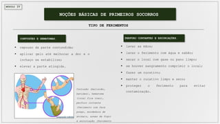MÓDULO IV
NOÇÕES BÁSICAS DE PRIMEIROS SOCORROS
TIPO DE FERIMENTOS
 repouso da parte contundida;
 aplicar gelo até melhorar a dor e o
inchaço se estabilize;
 elevar a parte atingida.
CONTUSÕES E HEMATOMAS.
 lavar as mãos;
 lavar o ferimento com água e sabão;
 secar o local com gase ou pano limpo;
 se houver sangramento comprimir o local;
 fazer um curativo;
 manter o curativo limpo e seco;
 proteger o ferimento para evitar
contaminação.
PERFURO CORTANTES E ESCORIAÇÕES.
Contusão (beliscão,
batidas), hematoma
(local fica roxo),
perfuro cortante
(ferimento com faca
prego, mordedura de
animais, armas de fogo)
e escoriação (ferimento
 