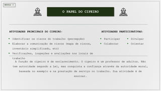 MÓDULO I
O PAPEL DO CIPEIRO
ATIVIDADES PRINCIPAIS DO CIPEIRO:
 Identificar os riscos do trabalho (percepção)
 Elaborar a comunicação de riscos (mapa de riscos,
inventário simplificado, etc)
 Verificações, inspeções e avaliações nos locais de
trabalho
ATIVIDADES PARTICIPATIVAS:
 Participar
 Colaborar
 Divulgar
 Orientar
A função de cipeiro é de esclarecimento. O cipeiro é um professor de adultos. Não
tem autoridade segundo a Lei, mas conquista a confiança através da autoridade moral,
baseada no exemplo e na prestação de serviço no trabalho. Sua atividade é de
ensinar.
 