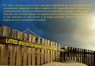 Por vezes, sinto-me como se fosse uma parte insignificante de um todo sem sentido, completamente desprovido de lógica e essência. Um maquiavélico plano, elaborado por mentes perversas, com o único objectivo de nos condicionar e subjugar a sinistros fins. Sinto-me, como se fosse apenas uma estaca anónima, plantada ao longo da cerca, com os pés enterrados no chão húmido e os braços atrofiados. Alinhado com as outras estacas da cerca. Completamente castrado. 2009-07-06 Uma estaca da cerca 