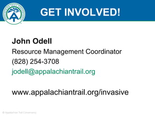 GET INVOLVED! John Odell Resource Management Coordinator (828) 254-3708 [email_address] www.appalachiantrail.org/invasive 