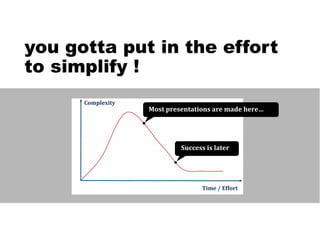 you gotta put in the effort
to simplify !
Complexity
Time	/	Effort
Most	presentations	are	made	here…
Success	is	later
 