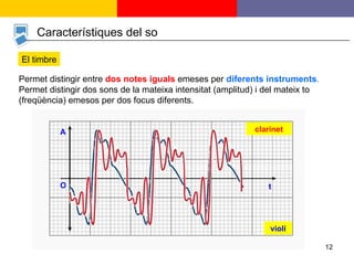 Característiques del so El timbre Permet distingir entre   dos notes iguals   emeses per   diferents instruments .   Permet distingir dos sons de la mateixa intensitat (amplitud) i del mateix to (freqüència) emesos per dos focus diferents. t A O violí clarinet 