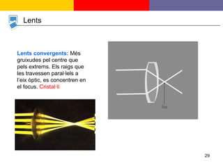 Lents Lents convergents:  Més gruixudes pel centre que pels extrems. Els raigs que les travessen paral·lels a l’eix òptic, es concentren en el focus.  Cristal·lí 
