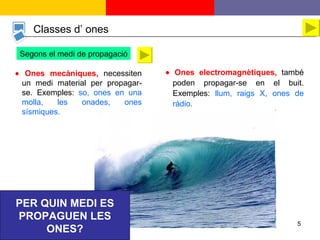Classes d’ ones Segons el medi de propagació    Ones mecàniques,  necessiten un medi material per propagar-se. Exemples:  so, ones en una molla, les onades, ones sísmiques.     Ones electromagnètiques,  també poden propagar-se en el buit. Exemples:  llum, raigs X, ones de ràdio. PER QUIN MEDI ES PROPAGUEN LES ONES? Ones marines 