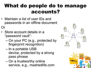 What do people do to manage
           accounts?
• Maintain a list of user IDs and
  passwords in an offline document
Or
• Store account details in a
  “password vault”:
   – On your PC (e.g., protected by
     fingerprint recognition)
   – In a portable USB
     device, protected by a strong
     pass phrase
   – On a trustworthy online
     service, e.g., mashedlife.com    8
 