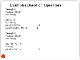 31
Example-1
#include<stdio.h>
void main()
{
int i=1,j=1;
i=2+2*i++;
printf(“i=%d",i);
printf(“n%d”,2+2*j++);
}
Example-2
#include<stdio.h>
void main()
{
int a=2,b=7,c=10;
c=a==b;
printf(“c=%d",c);
}
i=5
4
c=0
Examples Based on Operators
 