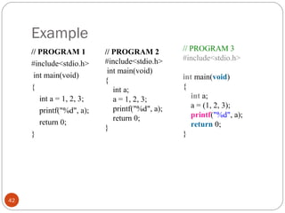 Example
// PROGRAM 1
#include<stdio.h>
int main(void)
{
int a = 1, 2, 3;
printf("%d", a);
return 0;
}
42
// PROGRAM 2
#include<stdio.h>
int main(void)
{
int a;
a = 1, 2, 3;
printf("%d", a);
return 0;
}
// PROGRAM 3
#include<stdio.h>
int main(void)
{
int a;
a = (1, 2, 3);
printf("%d", a);
return 0;
}
 