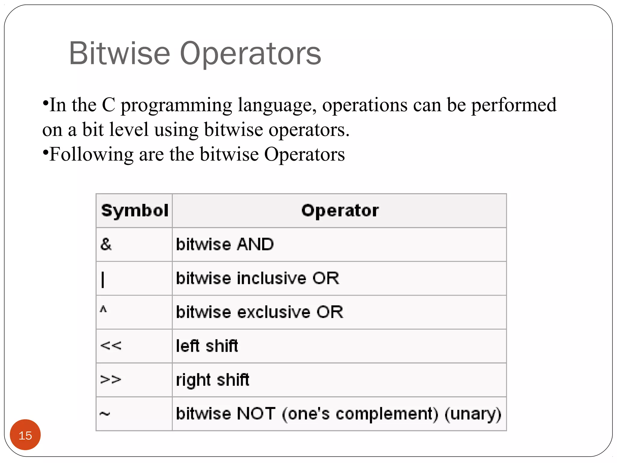 Bitwise Operators
15
•In the C programming language, operations can be performed
on a bit level using bitwise operators.
•Following are the bitwise Operators
 