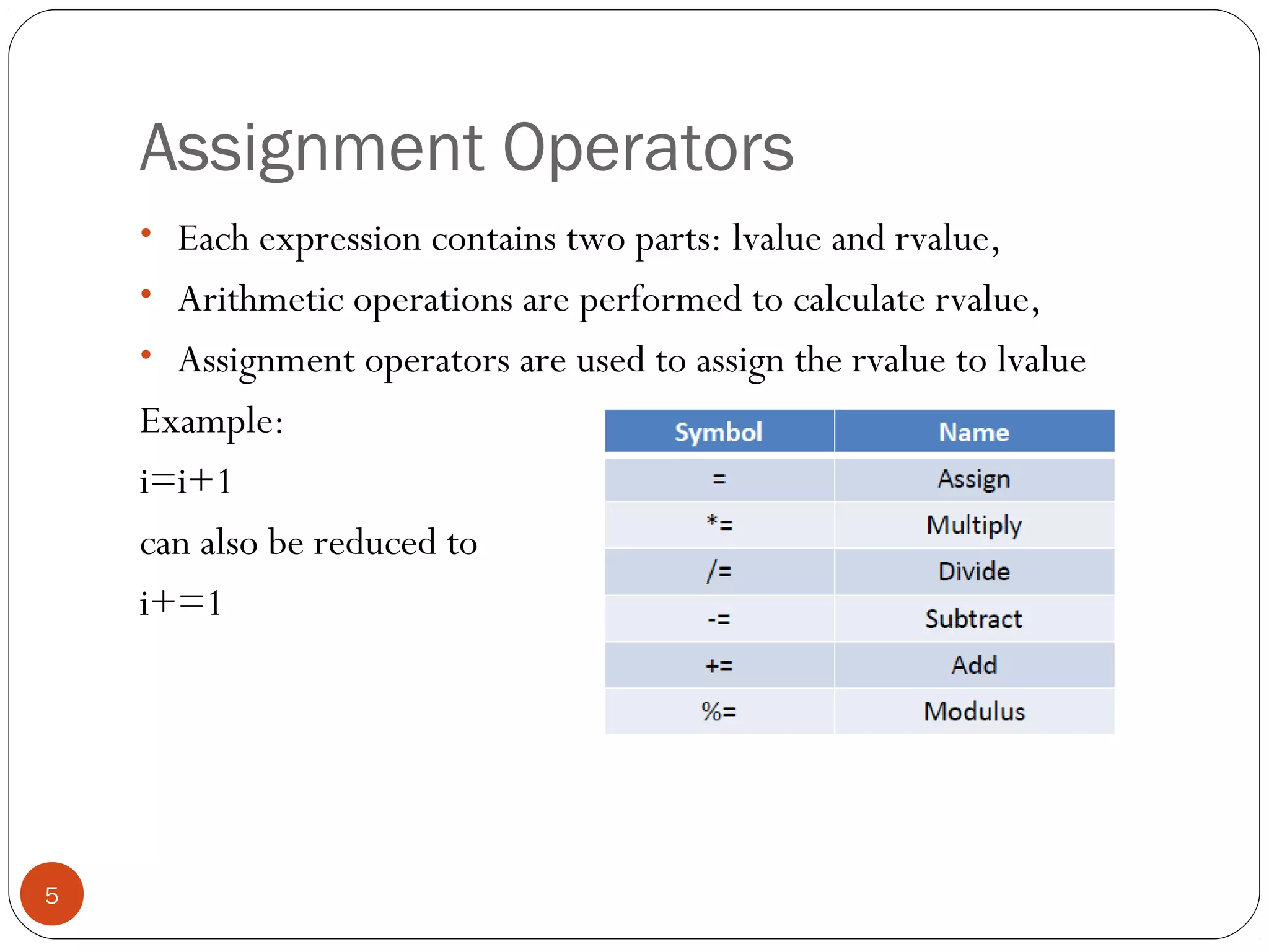 Assignment Operators
• Each expression contains two parts: lvalue and rvalue,
• Arithmetic operations are performed to calculate rvalue,
• Assignment operators are used to assign the rvalue to lvalue
Example:
i=i+1
can also be reduced to
i+=1
5
 