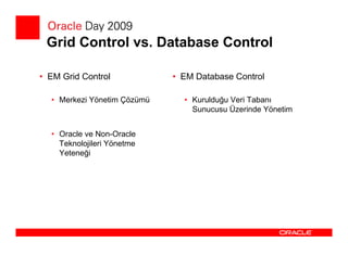 Grid Control vs. Database Control

• EM Grid Control            • EM Database Control

  • Merkezi Yönetim Çözümü     • Kurulduğu Veri Tabanı
                                 Sunucusu Üzerinde Yönetim


  • Oracle ve Non-Oracle
    Teknolojileri Yönetme
    Yeteneği
 