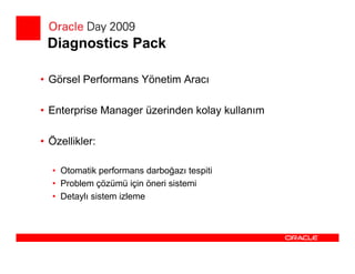 Diagnostics Pack

• Görsel Performans Yönetim Aracı

• Enterprise Manager üzerinden kolay kullanım

• Özellikler:

  • Otomatik performans darboğazı tespiti
  • Problem çözümü için öneri sistemi
  • Detaylı sistem izleme
 