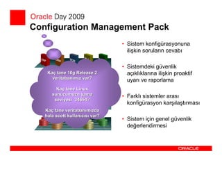 Configuration Management Pack
                                 • Sistem konfigürasyonuna
                                   ilişkin soruların cevabı

                                 • Sistemdeki güvenlik
    Kaç tane 10g Release 2         açıklıklarına ilişkin proaktif
      veritabanımız var?
                                   uyarı ve raporlama
        Kaç tane Linux
      sunucumuzn yama            • Farklı sistemler arası
       seviyesi 34654?
                                   konfigürasyon karşılaştırması
   Kaç tane veritabanımızda
   hala scott kullanıcısı var?
                                 • Sistem için genel güvenlik
                                   değerlendirmesi
 