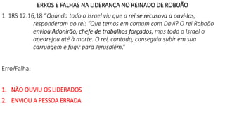 ERROS E FALHAS NA LIDERANÇA NO REINADO DE ROBOÃO
1. 1RS 12.16,18 “Quando todo o Israel viu que o rei se recusava a ouvi-los,
responderam ao rei: "Que temos em comum com Davi? O rei Roboão
enviou Adonirão, chefe de trabalhos forçados, mas todo o Israel o
apedrejou até à morte. O rei, contudo, conseguiu subir em sua
carruagem e fugir para Jerusalém.”
Erro/Falha:
1. NÃO OUVIU OS LIDERADOS
2. ENVIOU A PESSOA ERRADA
 