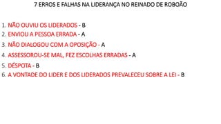 7 ERROS E FALHAS NA LIDERANÇA NO REINADO DE ROBOÃO
1. NÃO OUVIU OS LIDERADOS - B
2. ENVIOU A PESSOA ERRADA - A
3. NÃO DIALOGOU COM A OPOSIÇÃO - A
4. ASSESSOROU-SE MAL, FEZ ESCOLHAS ERRADAS - A
5. DÉSPOTA - B
6. A VONTADE DO LIDER E DOS LIDERADOS PREVALECEU SOBRE A LEI - B
 