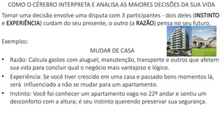 COMO O CÉREBRO INTERPRETA E ANALISA AS MAIORES DECISÕES DA SUA VIDA
Tomar uma decisão envolve uma disputa com 3 participantes - dois deles (INSTINTO
e EXPERIÊNCIA) cuidam do seu presente, o outro (a RAZÃO) pensa no seu futuro.
Exemplos:
MUDAR DE CASA
• Razão: Calcula gastos com aluguel, manutenção, transporte e outros que afetem
sua vida para concluir qual o negócio mais vantajoso e lógico.
• Experiência: Se você tiver crescido em uma casa e passado bons momentos lá,
será influenciado a não se mudar para um apartamento.
• Instinto: Você foi conhecer um apartamento vago no 22º andar e sentiu um
desconforto com a altura; é seu instinto querendo preservar sua segurança.
 