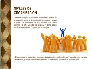 NIVELES DE
ORGANIZACIÓN
Podemos distinguir la existencia de diferentes niveles de
organización según la dimensión de la empresa y según
el ámbito de supervisión de subordinados que pueda
controlar el jefe. Si ésta es pequeña y tiene pocos
empleados podrán ser dirigidos por un solo jefe.
Si la empresa va creciendo y teniendo más trabajadores se tendrán que ir constituyendo mandos
intermedios, que irán aumentando conforme se incrementa el número de subordinados.
 