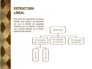 ESTRUCTURA
LINEAL
Esta forma de organización se conoce
también como simple y se caracteriza
por que es utilizada por pequeñas
empresas que se dedican a generar
uno o pocos productos en un campo
específico del mercado.
 