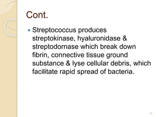 Cont.
 Streptococcus produces
streptokinase, hyaluronidase &
streptodornase which break down
fibrin, connective tissue ground
substance & lyse cellular debris, which
facilitate rapid spread of bacteria.
10
 
