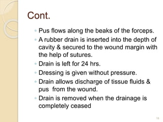 Cont.
◦ Pus flows along the beaks of the forceps.
◦ A rubber drain is inserted into the depth of
cavity & secured to the wound margin with
the help of sutures.
◦ Drain is left for 24 hrs.
◦ Dressing is given without pressure.
◦ Drain allows discharge of tissue fluids &
pus from the wound.
◦ Drain is removed when the drainage is
completely ceased
18
 