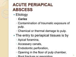 ACUTE PERIAPICAL
ABSCESS
 Etiology
◦ Caries
◦ Contamination of traumatic exposure of
pulp.
◦ Chemical or thermal damage to pulp.
 The entry to periapical tissues is by
◦ Apical foramina,
◦ Accessary canals,
◦ Endodontic perforation,
◦ Opening in the floor of pulp chamber,
19
 