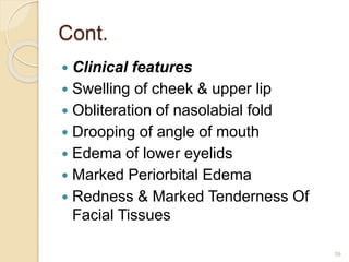 Cont.
 Clinical features
 Swelling of cheek & upper lip
 Obliteration of nasolabial fold
 Drooping of angle of mouth
 Edema of lower eyelids
 Marked Periorbital Edema
 Redness & Marked Tenderness Of
Facial Tissues
39
 