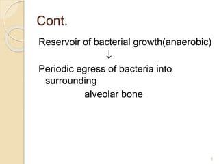 Cont.
Reservoir of bacterial growth(anaerobic)

Periodic egress of bacteria into
surrounding
alveolar bone
5
 