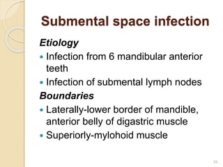 Submental space infection
Etiology
 Infection from 6 mandibular anterior
teeth
 Infection of submental lymph nodes
Boundaries
 Laterally-lower border of mandible,
anterior belly of digastric muscle
 Superiorly-mylohoid muscle
55
 