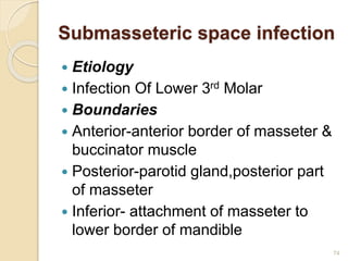 Submasseteric space infection
 Etiology
 Infection Of Lower 3rd Molar
 Boundaries
 Anterior-anterior border of masseter &
buccinator muscle
 Posterior-parotid gland,posterior part
of masseter
 Inferior- attachment of masseter to
lower border of mandible
74
 