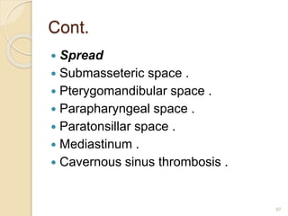 Cont.
 Spread
 Submasseteric space .
 Pterygomandibular space .
 Parapharyngeal space .
 Paratonsillar space .
 Mediastinum .
 Cavernous sinus thrombosis .
97
 
