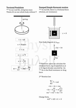 Torsional Pendulum
*** In our real life, string has mass
Think of it as one whole body without T
𝜏 = −𝜅𝜃
𝜅 = 𝐾𝑎𝑝𝑝𝑎
𝜏 = 𝐼𝛼
𝛼 = −𝜔2
𝜃
𝛼 = −
𝜅
𝐼
𝜃
𝝎 =
𝜿
𝑰
= 𝟐𝝅𝒇 =
𝟐𝝅
𝑻
Damped Simple Harmonic motion
*** In real life, there is a frictional force
(friction, air resistance)
Free-body diagram at 𝑥 𝑚𝑎𝑥
***However, when we calculate the
resultant force, mg is canceled as at
x=0, mg is already canceled by –kx
***-bv is the fluid resistance or drag
force
2nd Newton law
𝐹 = 𝑚𝑎
−𝑘𝑥 − 𝑏𝑣 = 𝑚𝑎
−𝑘𝑥 − 𝑏
𝑑𝑥
𝑑𝑡
= 𝑚
𝑑2
𝑥
𝑑𝑡2
𝑚𝑥′′
+ 𝑏𝑥′
+ 𝑘𝑥 = 0
Change form,
𝑚𝐷2
+ 𝑏𝐷 + 𝑘 = 0
m 𝑥 = 0
m
−𝑘𝑥 − 𝑏𝑣
𝑚𝑔
𝜃
𝑠𝑝𝑟𝑖𝑛𝑔
 