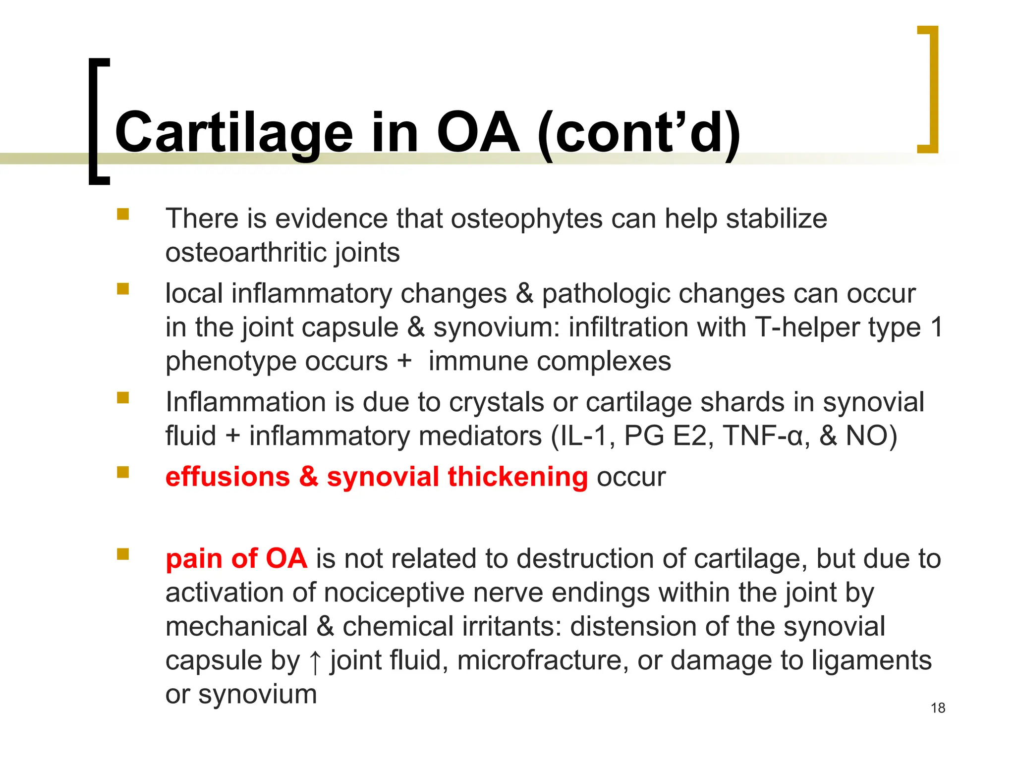 Cartilage in OA (cont’d)
 There is evidence that osteophytes can help stabilize
osteoarthritic joints
 local inflammatory changes & pathologic changes can occur
in the joint capsule & synovium: infiltration with T-helper type 1
phenotype occurs + immune complexes
 Inflammation is due to crystals or cartilage shards in synovial
fluid + inflammatory mediators (IL-1, PG E2, TNF-α, & NO)
 effusions & synovial thickening occur
 pain of OA is not related to destruction of cartilage, but due to
activation of nociceptive nerve endings within the joint by
mechanical & chemical irritants: distension of the synovial
capsule by ↑ joint fluid, microfracture, or damage to ligaments
or synovium 18
 
