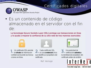 Certificados digitales


• Es un contenido de código
  almacenado en el servidor con el fin
  de:




                 Ref. Verisign
 