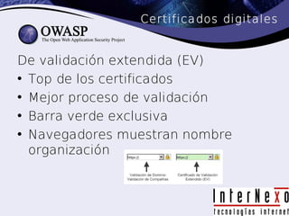 Certificados digitales


De validación extendida (EV)
• Top de los certificados
• Mejor proceso de validación
• Barra verde exclusiva
• Navegadores muestran nombre
  organización
 