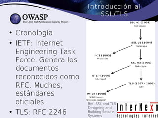 Introducción al
                          SSL/TLS


• Cronología
• IETF: Internet
  Engineering Task
  Force. Genera los
  documentos
  reconocidos como
  RFC. Muchos,
  estándares
  oficiales           Ref. SSL and TLS.
                      Designing and
• TLS: RFC 2246       Building Secure
                      Systems
 