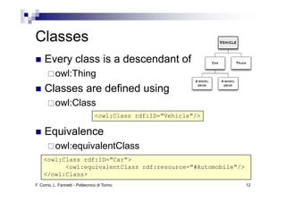 Classes
Cl
     Every class i a d
     E      l    is descendant of
                          d t f
           owl:Thing
                   g
     Classes are defined using
           owl:Class
                                   <owl:Class rdf:ID="Vehicle"/>

     Equivalence
           owl:equivalentClass
    <owl:Class rdf:ID="Car">
          <owl:equivalentClass rdf:resource="#Automobile"/>
                q
    </owl:Class>
F. Corno, L. Farinetti - Politecnico di Torino                     12
 