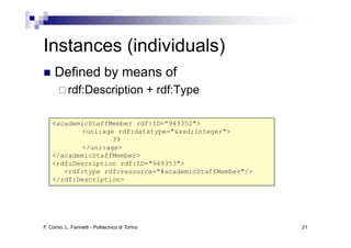 Instances (individuals)
I t       (i di id l )
     Defined by
     D fi d b means of
                     f
           rdf:Description + rdf:Type
                     p            yp

    <academicStaffMember rdf:ID="949352">
                         rdf:ID= 949352 >
           <uni:age rdf:datatype="&xsd;integer">
                   39
           </uni:age>
    </academicStaffMember>
    <rdf:Description rdf:ID="949353">
       <rdf:type rdf:resource="#academicStaffMember"/>
    </rdf:Description>




F. Corno, L. Farinetti - Politecnico di Torino           21
 