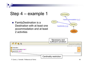 Step 4 – example 1                                                            Accommodation




                                                                                 hasAccommodation >= 1
                                                             Activity
      FamilyDestination is a                                                                  Destination
      Destination ith t least one
      D ti ti with at l      t                                          hasActivity >= 2

      accommodation and at least
                                                                                                 Family
      2 activities                                                                             Destination




                                                           Necessary and
                                                          sufficient condition




                                                 Cardinality restriction
F. Corno, L. Farinetti - Politecnico di Torino                                                               45
 